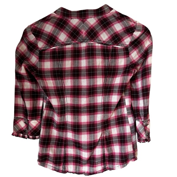 Guess Western Plaid Y2K Style Sheer Button Down Ruffled Blouse Red Black Sz XS - Picture 2 of 5